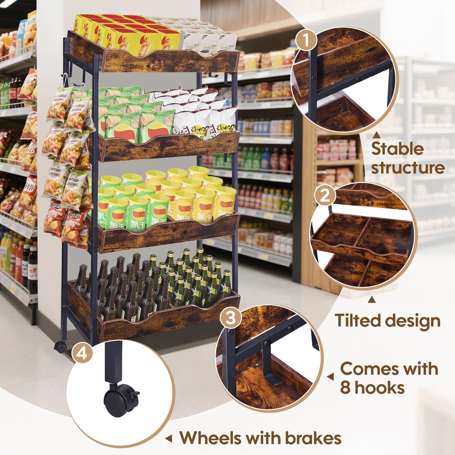 Snack Rack with Wheels,4-Tier Retail Display Shelves with 8 Metal Hooks,Tilted Design,Mobile Retail Display Stand with Metal Frame,Easy Assembly