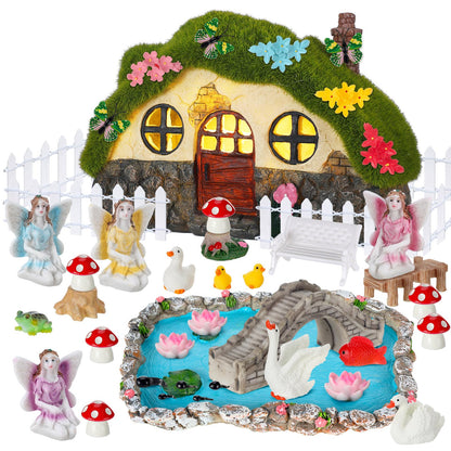 Roowest 57 Pcs Solar Fairy House Garden Accessories Kit Light up Mushroom House Resin Fairy Village Figures Garden Resin Miniature Fish Pond Figures Micro Landscape Outdoor Decorations