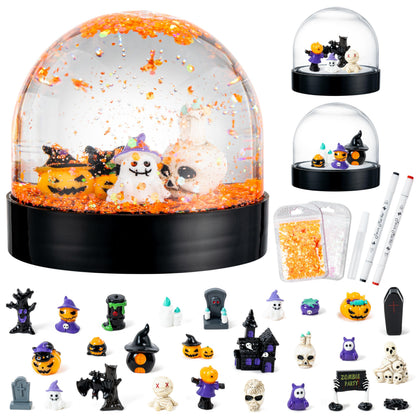 HoniedPepperino Halloween Snow Globe Craft Kit - 8 Set DIY Plastic Snow Globe Craft with Mini Resin Ghost Haunted House, Make Your Own Party Decor with Glitter for Classroom Activity Gifts (Halloween)
