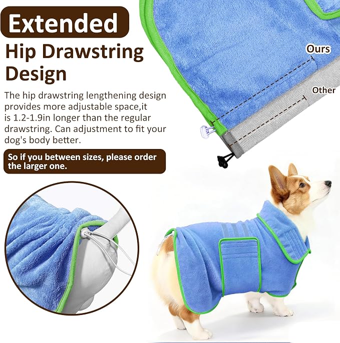 Soft Dog Bathrobe Fast Drying Dog Coat, Super Absorbent Dog Towels for After Bath, Microfiber Pet Robe Adjustable Collar & Belly Warm Keeping Dogs Coat for Pet Dogs & Cats (Blue, Small)