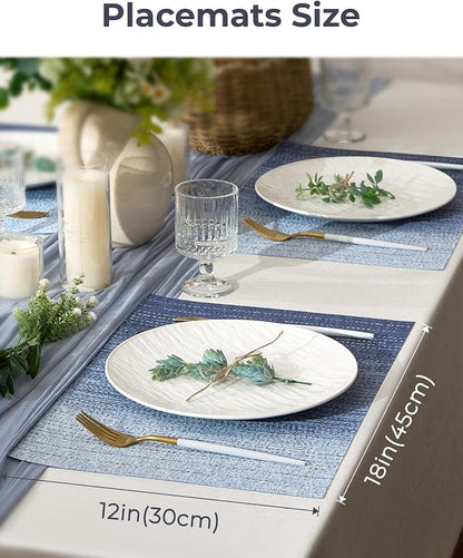 Leetaltree Gradient Blue Woven Placemats Set of 24 - Heat Resistant Non-Slip Place mats for Dining Table, Washable Durable PVC Vinyl Woven Table Mats(Gradient Blue, 24)
