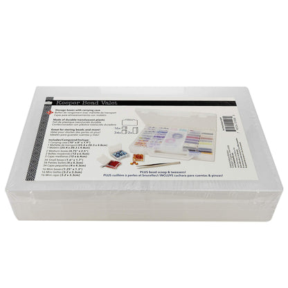 The Beadsmith Bead Organizer Carrying Case, 55 piece set, with removable compartments in assorted sizes, a carrying case, plus a bead scoop and tweezer.