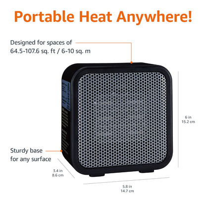 Amazon Basics Ceramic Space Heater, Mini Heater for Office Desk, Portable Tent Heater for Camping (Indoor Use), 500 W, With Tip-Over Protection, Lightweight (1.4 LBS), Black, 5.87”D x 3.15”W x 5.95”H