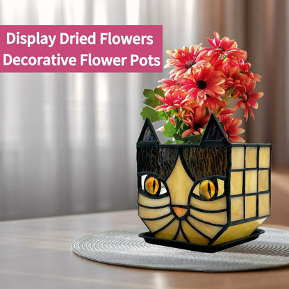 Entlityful Yellow Cat Plant Pot with Drainage,Cute Planters for Indoor Plants,Stained Glass Cat Flower Pots,Fun Candle Holder Glass Container,Gifts for Gardeners Woman