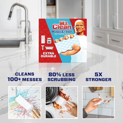 Mr. Clean Magic Eraser Sponge, All Purpose Cleaner, Cleaning Scrubber, Wall, Sneaker, Kitchen, Bathroom, Shower, Melamine Sponge, Pads, Extra Durable, 10ct