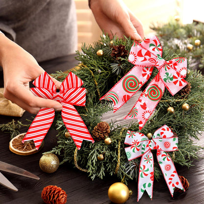 Yingzhao 6 Rolls 30 Yards Christmas Candy Peppermint Wired Edge Ribbon Burlap Red Green Candy Cane Fabric Craft Ribbon for Christmas Tree Decoration Gift Wrapping Wreaths