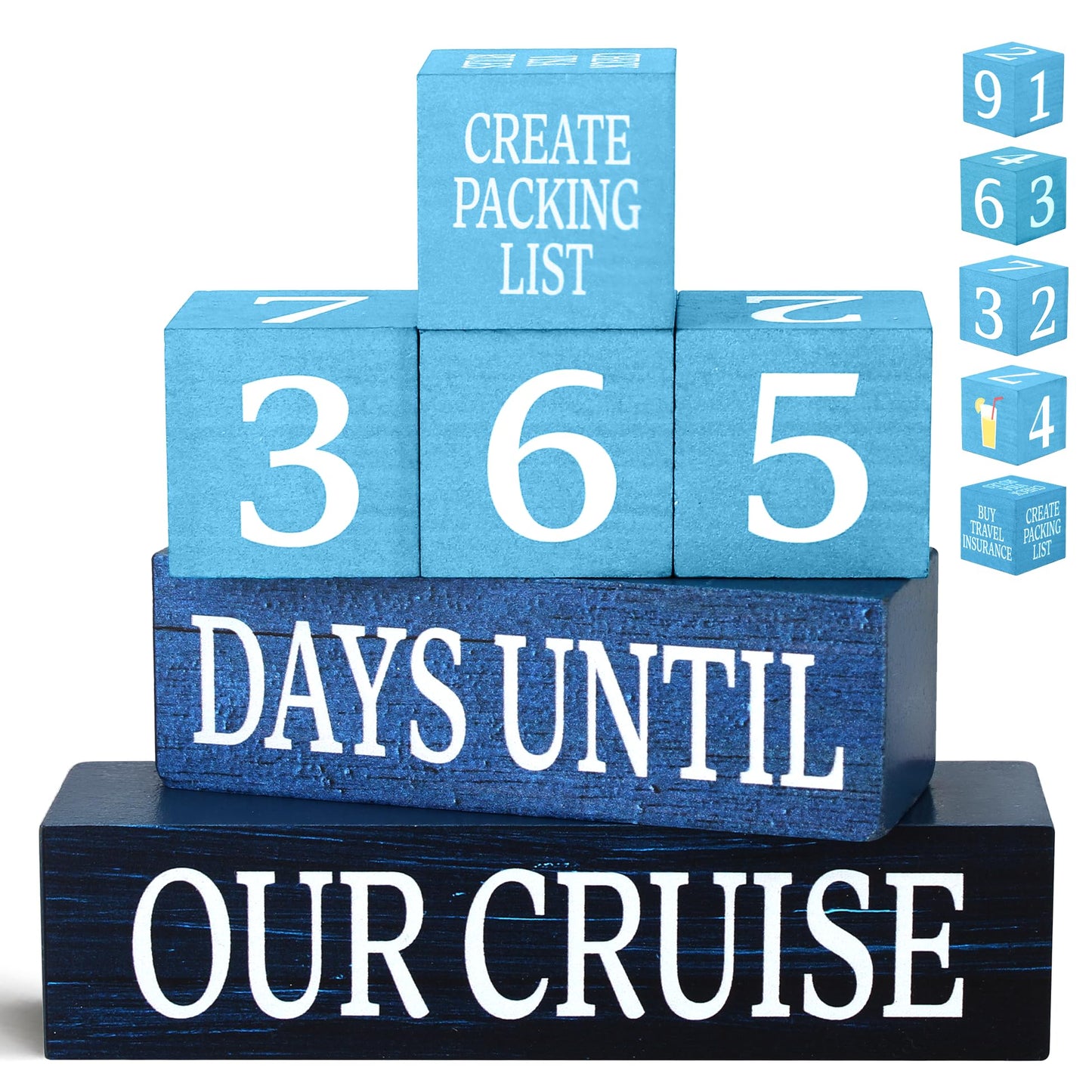 7 Pcs 365 Days Cruise Countdown Wooden Table Decor, Cruise Activities Decision Dice Table Decorations for Home Office