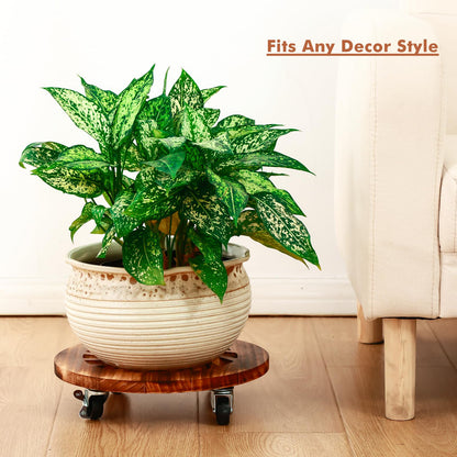 4 Pack Plant Caddy with Wheels Heavy Duty 12 Inch Wooden Plant Stand with Wheels Plant Dolly Rolling Plant Stand Plant Roller with Casters for Indoor and Outdoor with 4 Pack Plant Saucers, Round