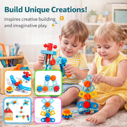 puzgic Educational Stem Kid Toys – Wooden Tool Set 4-in-1 Activity Board with Latches, Screw Assembly, Gear Game & Storage – Pretend Construction Toy for 3, 4,5,6,7 Years Boys & Girls