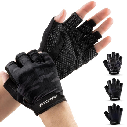 Fitgriff® Workout Gloves (Padded) for Men & Women - Fingerless Gym Gloves for Weight Lifting, Training - Full Palm Protection