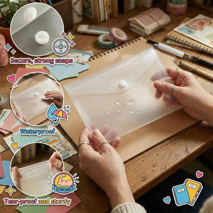 Sticker Organizer, Clear Plastic Envelopes with Snap, 12 Pack Waterproof and Durable for Sticker Storage, Scrapbook Storage, Washi Tape, Scrapbooking & Stamping Supplies (9.5 x 4 Inches)