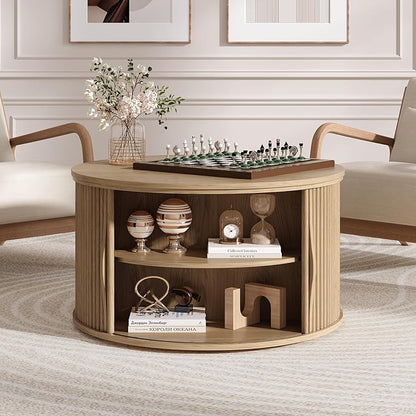 Round Lift Top Coffee Table, 31.5” Mid Century Modern Center Table with Hidden Storage, Fluted Circle Coffee Tables for Living Room, Home Office, Oak