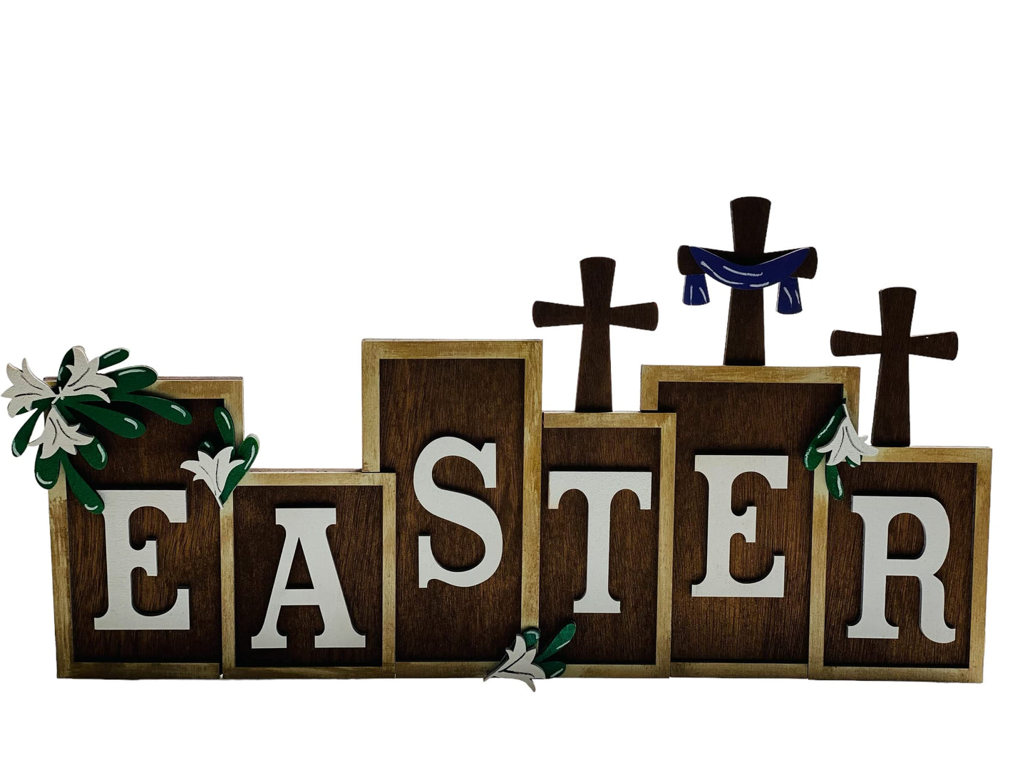 Easter - Religious - Three Wooden Crosses - Spring -Decorative - Wooden Blocks - Shelf Sitter Table Decoration - Gift Present for Her Him Housewarming