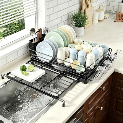 Ekisemio Expandable Dish Drying Rack with Utensil Holder & Drip Tray, Black | Ekisemio 12.7"-21.7" Expandable Dish Rack | 360° Swivel Spout | Steel Frame | Dual Utensil Holder | Tool-Free | Anti-Slip