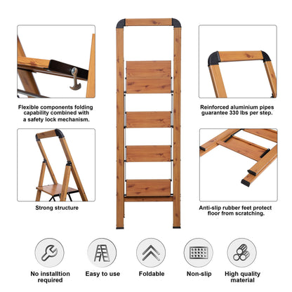 BIBKOKE Step Ladder 3-Step Woodgrain Finish Aluminum Folding Ladders