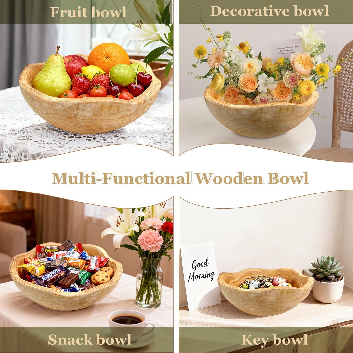 Fakindiy Handmade Wooden Decorative Fruit Bowl 8-10in - Irregular Wood Bowl for Kitchen Counter,Wooden Serving Bowl for Salads Snacks Keys and Home Decor (8-10in/20-24cm)