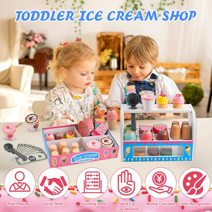 WoodTrove Ice Cream Play Set, Wooden Ice Cream Toy, Wooden Play Food, Ice Cream Shop Playset, Pretend Play Toys for Toddlers, Kitchen Toys Gift for Girls Boys 3 4 5 6 Year Old
