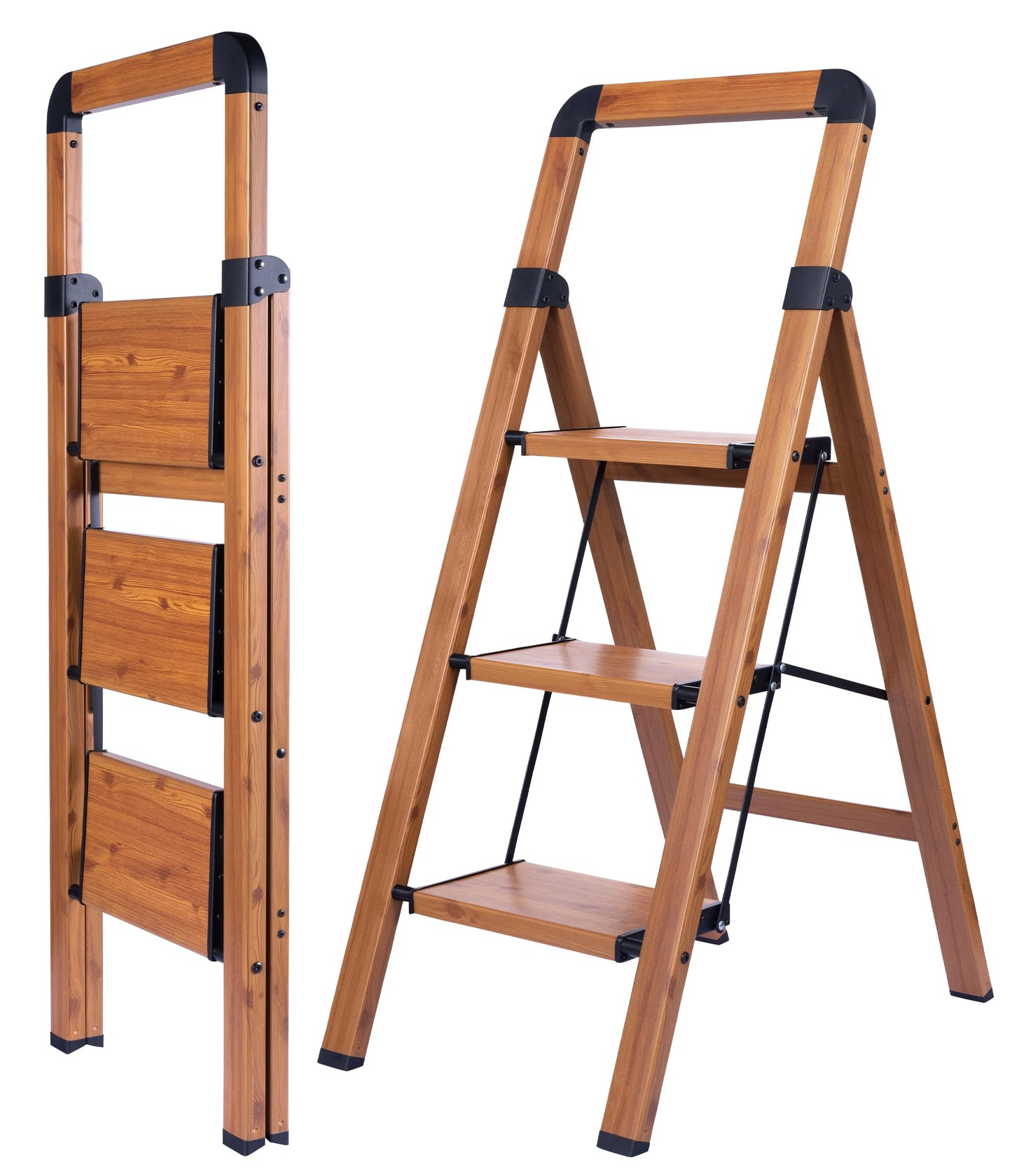 BIBKOKE Step Ladder 3-Step Woodgrain Finish Aluminum Folding Ladders
