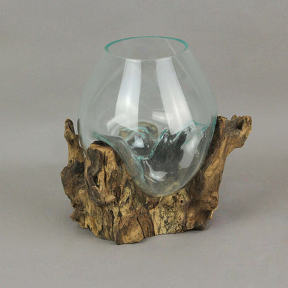 Things2Die4 Large Molten Glass Sculptural Bowl / Plant Terrarium On Natural Driftwood Base, Brown, 10 Inch