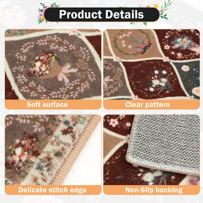 PCSWEET HOME Moroccan Trellis Kitchen Rugs Sets of 3 Non Slip Kitchen Rugs and Mats Washable Indoor Door Mat Floral Kitchen Floor Mat Carpet Runner Rugs for Hallway Laundry Room, Brown