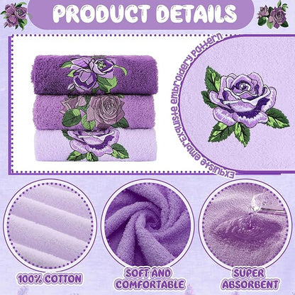 3 Pcs Purple Rose Hand Towels Lavender Purple Bathroom Decor Embroidered Floral