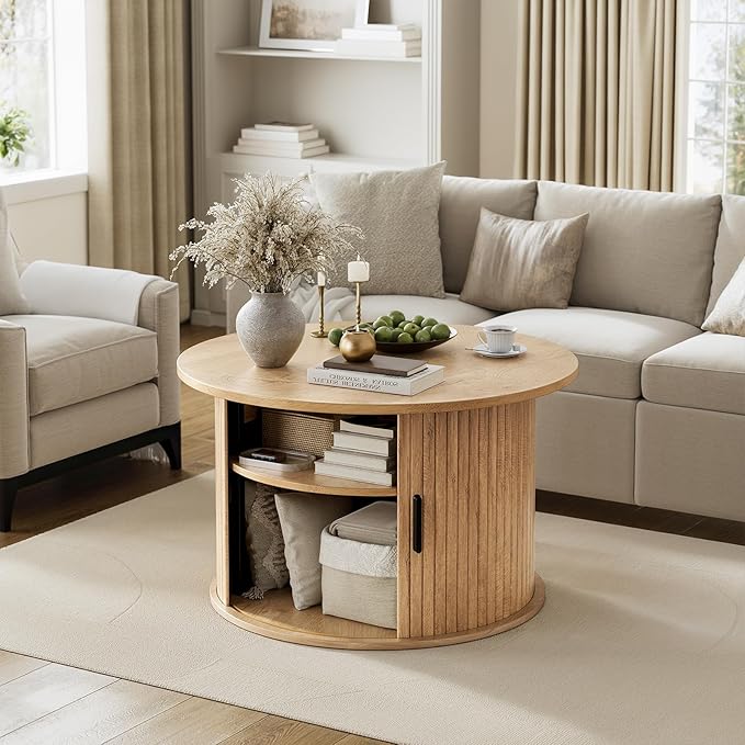 FABATO Round Lift Top Coffee Table, Fluted Wood Accent Coffee Table with Hidden Storage and Open Shelves, Drum Table with Sliding Rolling Door, Small Center Table Dining Table for Living Room, Wood