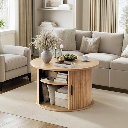 FABATO Round Lift Top Coffee Table, Fluted Wood Accent Coffee Table with Hidden Storage and Open Shelves, Drum Table with Sliding Rolling Door, Small Center Table Dining Table for Living Room, Wood