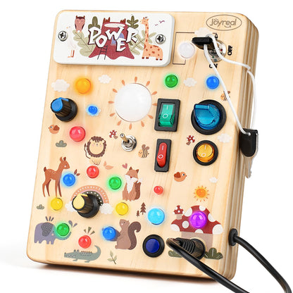Joyreal Wooden Busy Board with LED Light, Montessori Toddler Toys, Wooden Sensory Board, Toddlers Activity Travel Toys for Boy & Girl Birthday Gift (Forest Theme)