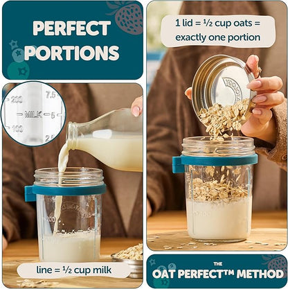 Overnight Oats Jar with Spoon & Stainless Steel Lid - 16oz Leakproof Glass Oatmeal Container for Meal Prep & Yogurt - Easy to Clean Breakfast Cup with Measurement Markings On-the-Go - 1 Pack