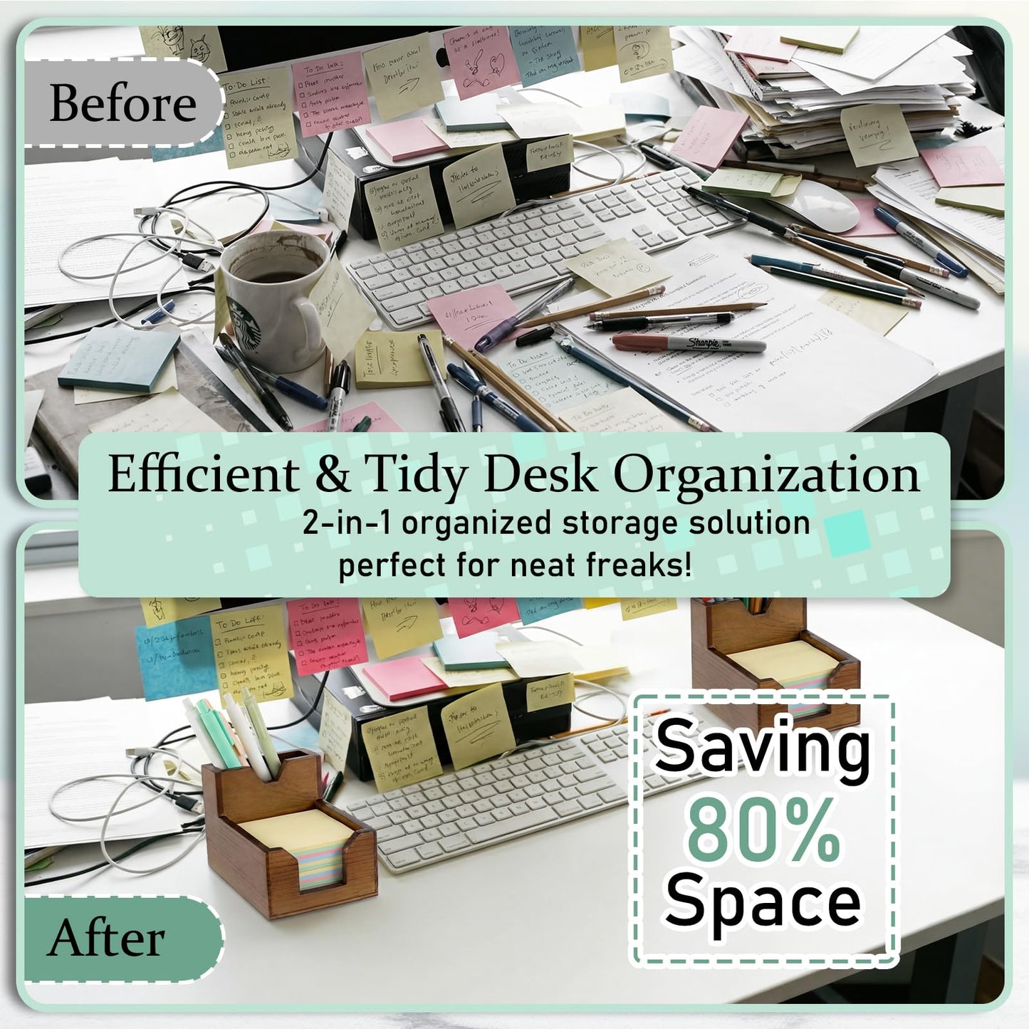 Crtiin 2 Pack Wood Sticky Note Holder, Walnut Color 2-in-1 Pen and Sticky Note Dispenser with 200 Sheets 3x3" Sticky-Notes, Elegant Desk Organizer for Office Home School Dorm Room