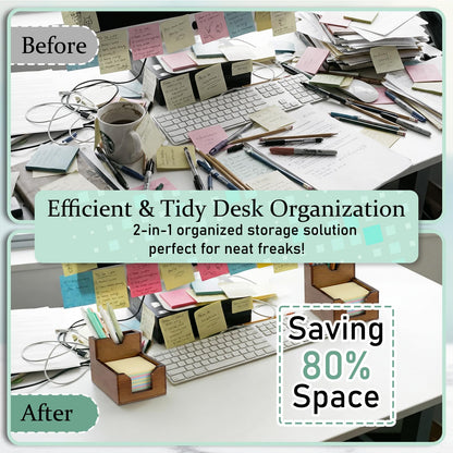 Crtiin 2 Pack Wood Sticky Note Holder, Walnut Color 2-in-1 Pen and Sticky Note Dispenser with 200 Sheets 3x3" Sticky-Notes, Elegant Desk Organizer for Office Home School Dorm Room