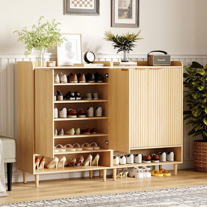 VINGLI Shoe Cabinet with Fluted Doors, 6 Tier Large Wooden Entryway Shoe Storage Cabinet with Adjustable Shelves,44.5" Tall Modern Freestanding Shoe Rack Organizer for Entryway, Hallway, Closet,Oak