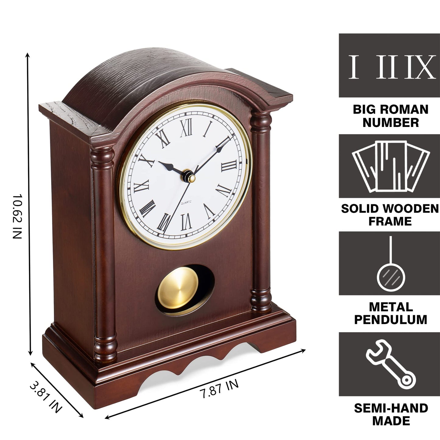AYRELY® Classic Grandfather Mantel Clock for Living Room Déco, Elegant Wooden Finish, Gold-Tone Pendulum, Desk Clock for Living Room, Bedroom, Farmhouse Décor