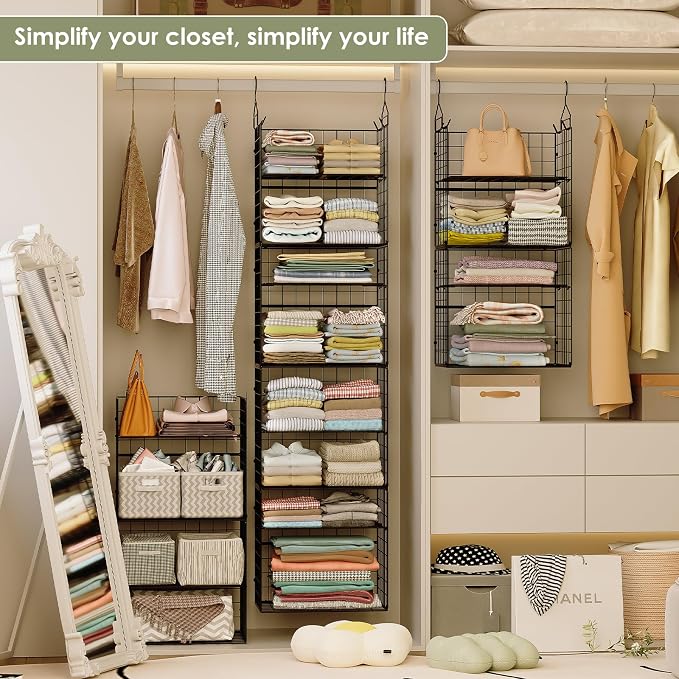 Hanging Closet Organizer and Storage - 8 Tier Closet Hanging Organizer Shelves, Metal & Foldable Hanging Storage Organizer Baskets with Adjustable Dividers for Clothing Sweaters Shoes Handbags