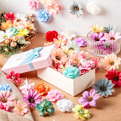 Hoteam 100 Pcs Assorted Flower Heads Decorative Artificial Fake Heads Small Faux Floral Crafts DIY Mini Daisy Rose Plum for Wedding Cake Mother's Day Party Wreath Home Spring (Bright)