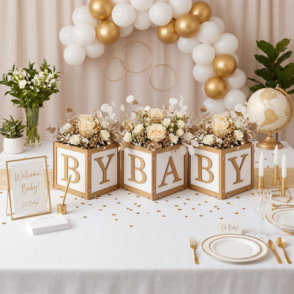 SiliFine 6 Set Baby Shower Centerpieces for Tables 6 Inch Wooden Boxes with Baby Letters Cube Planter Vase Blocks for Gender Reveal Party Decor (Floral,Gold)