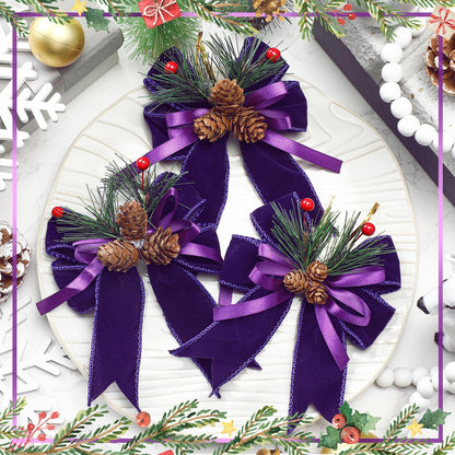 Syhood 6 Pcs Christmas Bows with Pine Cones Pine Needles Xmas Velvet Bows Purple Velvet Ribbon Christmas Tree Wreath Decoration for Xmas Parties Indoor Outdoor Crafts DIY Decor