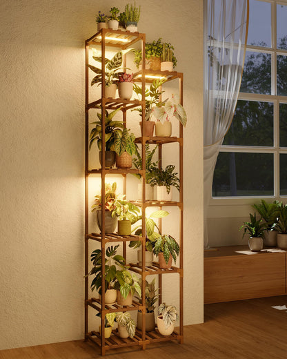 Bamworld Plant Stand with Grow Lights Indoor Outdoor 11 Tier Tall Large Wood Plant Shelf Multi Tier Flower Stands Garden Shelves Wooden Plant Display Holder Rack for Living Room Corner