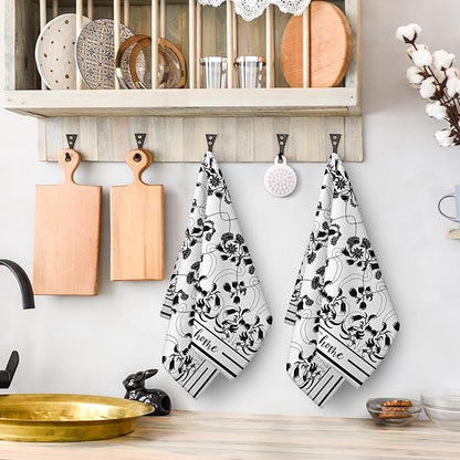 Black Kitchen Towels Decorative Set of 2, Absorbent Boho Floral Dish Towels