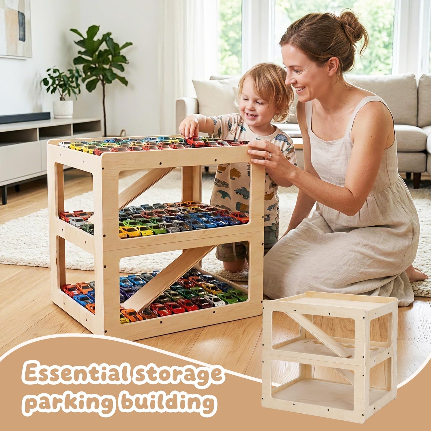 Parking Garage for Toy Cars, Storing Items, Toy Car Storage Rack with Three-Level Ramp, Compatible with Hot Wheels & Matchbox, Wooden Parking Garage Playset Holds 40+ Cars, Safe & Durable Gift