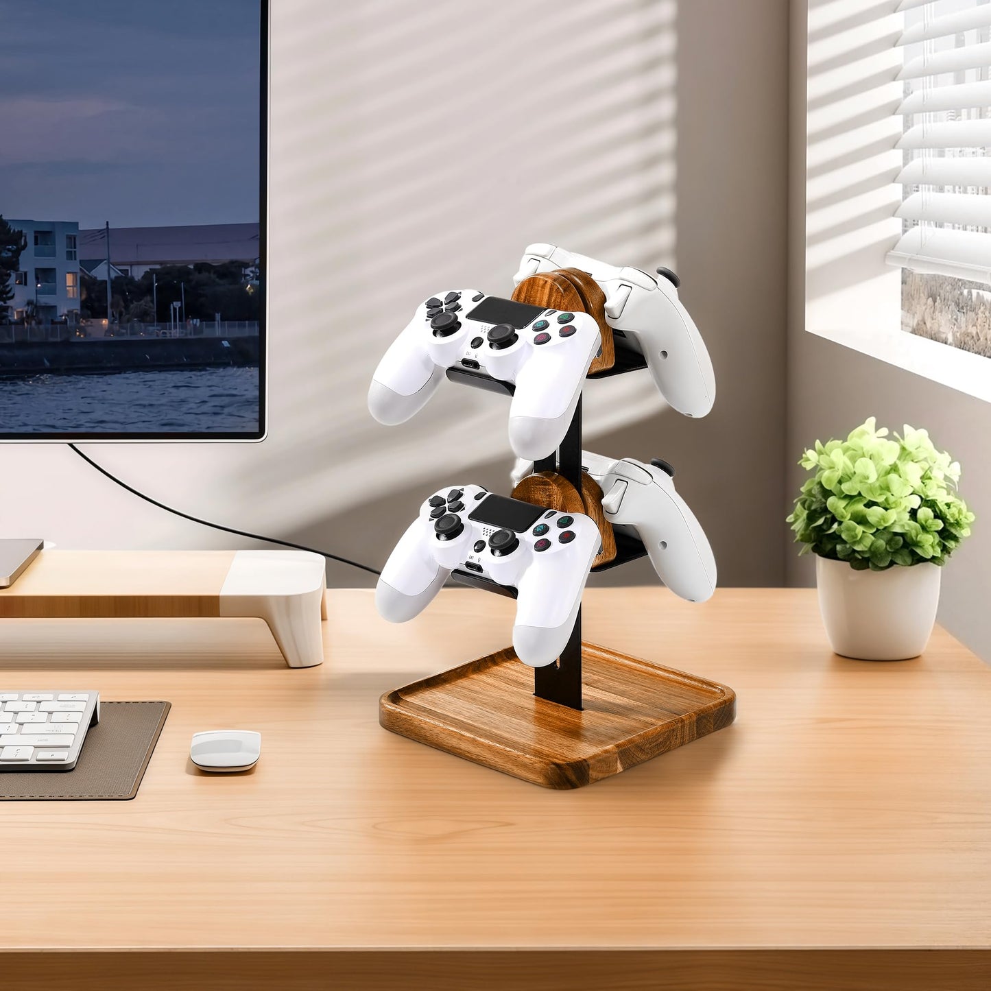 blingwider Game Controller Wood Stand for Desk, Adjustable 2 Tiers Game Controller Holder for PS/Xbox/Switch/Nintendo,Dual Tiers Controller Holder On The Desk,Solid Wood,4-in-1 Black