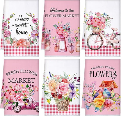 Geyoga 6 Pcs Spring Floral Kitchen Towels Flamingo Dish Hand Towels Sunflower