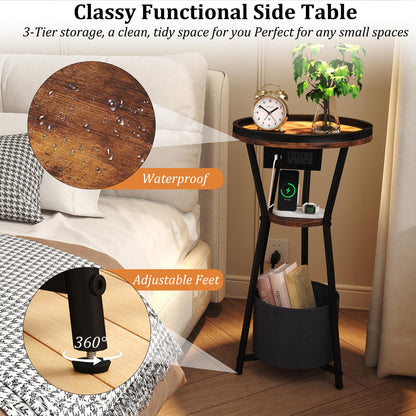 Yusong Round Side Table with Charging Station, Small Drink Table for Small Spaces, 3-Tier Industrial End Table, Accent Nightstand Bedside Table for Living Room, Bedroom, Sofa Couch, Rustic Brown