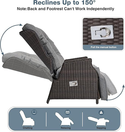 Outdoor Indoor Wicker Recliner with Adjustable Back and Footrest, Patio Reclining Chair with Flip-up Table, Outdoor Rattan Lounge Chair, Grey 2PCS