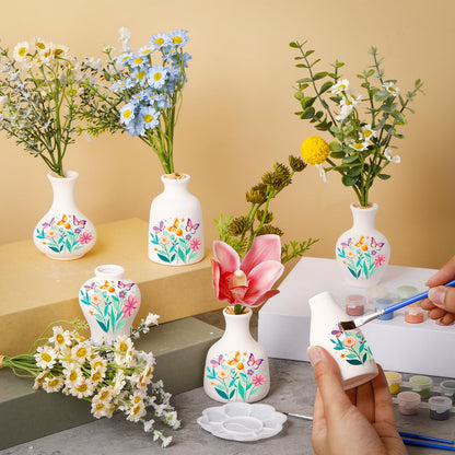 Fuyoooo 6 Sets Father's Day Paint Your Own Vases Ceramic Vase to Paint Unpainted White Vases Ceramic Painting Kit for Adult with Brush Underglaze Paints Palettes for Porcelain Vase Decorating Kit DIY