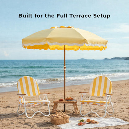 DEER LAND Padded Low Beach Chair, 4-Position Folding Outdoor Chair with Wooden Armrests, Cushioned Seat, Storage Pouch & Carry Strap for Beach, Patio and Lawn, Cala Serena Ochre Stripe