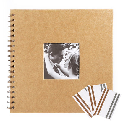MEMOTOR Scrapbook 10 x 10 Inch DIY Square Photo Window + 3 Corner Stickers, Photo Album Hardcover Kraft Paper Brown 20 Sheets/ 40 Pages