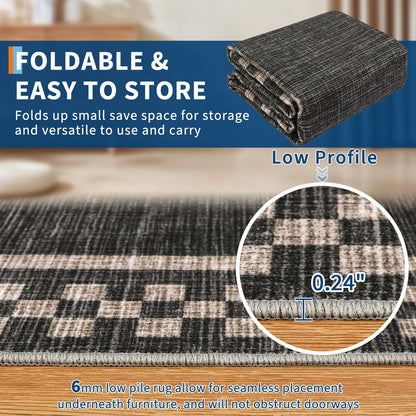 Small Bedroom Area Rug 3x5 Checkered Area Rug for Living Room Nursery Non Slip Kitchen Throw Carpet Low Pile Modern Bordered Rugs Washable Bathroom Mat Soft Brown Rugs for Laundry Entryway, Black