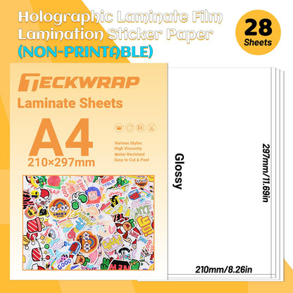 TECKWRAP Laminating Sheets Clear Laminate Sheets Sticker Paper for Inkjet Printer Clear Vinyl for Printable Vinyl Sticker Paper Photo Paper 8.26" x 11.69" A4 28 Sheets, Glossy