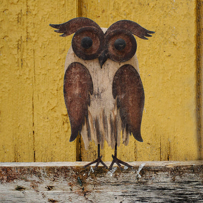 K KILIPES Rustic Owl Decorations - Metal & Wood Owl Figurines (8.5" H) for Home Tabletop Ornaments & Collectibles